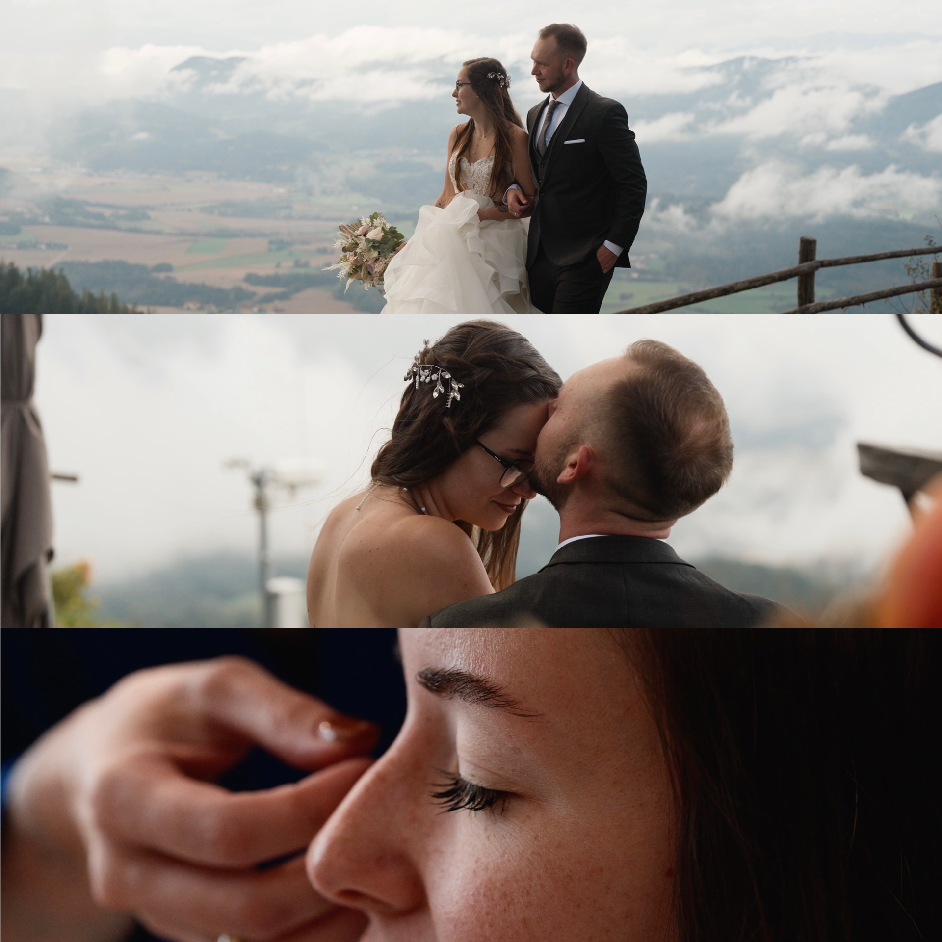 Eine Collage von Hochzeitsmomenten in Niederösterreich: Ein Paar im Hochzeitskleid blickt auf eine Berglandschaft; der Bräutigam küsst die Stirn der Braut; und eine Nahaufnahme des Gesichts einer Frau mit geschlossenen Augen, während sie ihren Ohrring zurechtrückt.